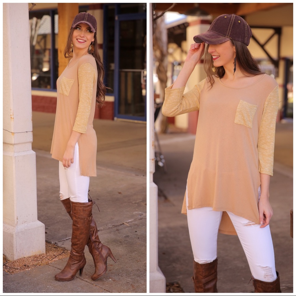 ✨LAST ONE✨Mixed knit High low tunic Taupe/Mustard - Picture 5 of 5
